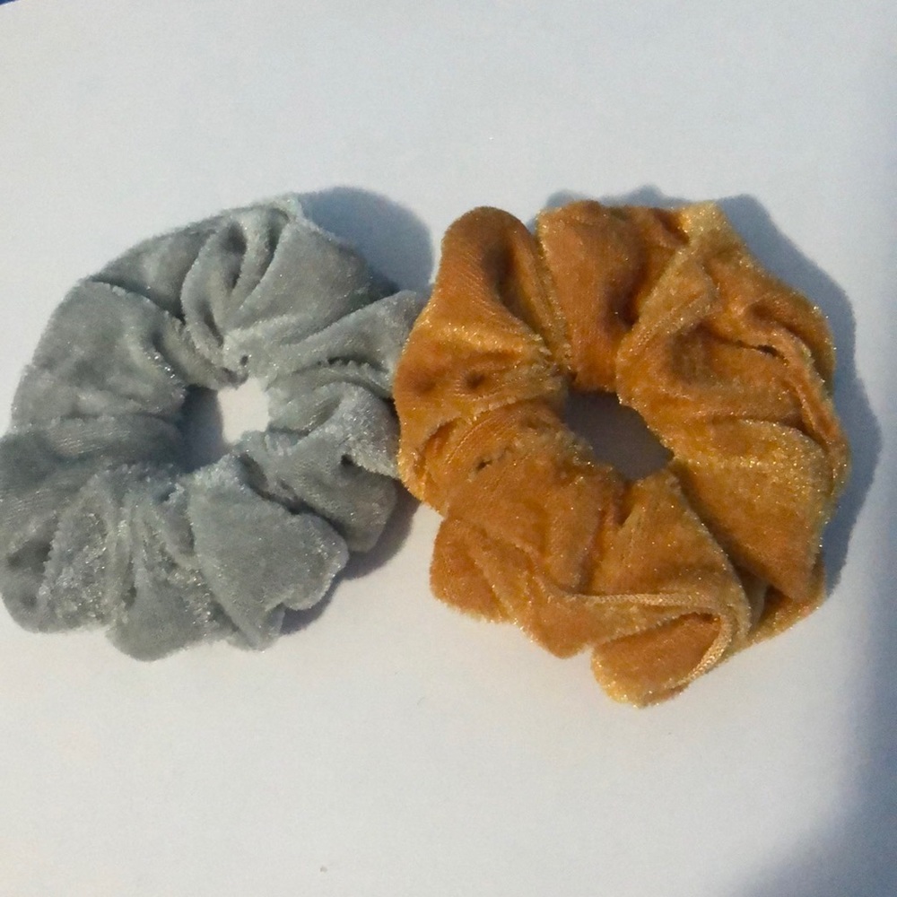 Light Gray and mustard velvet scrunchies